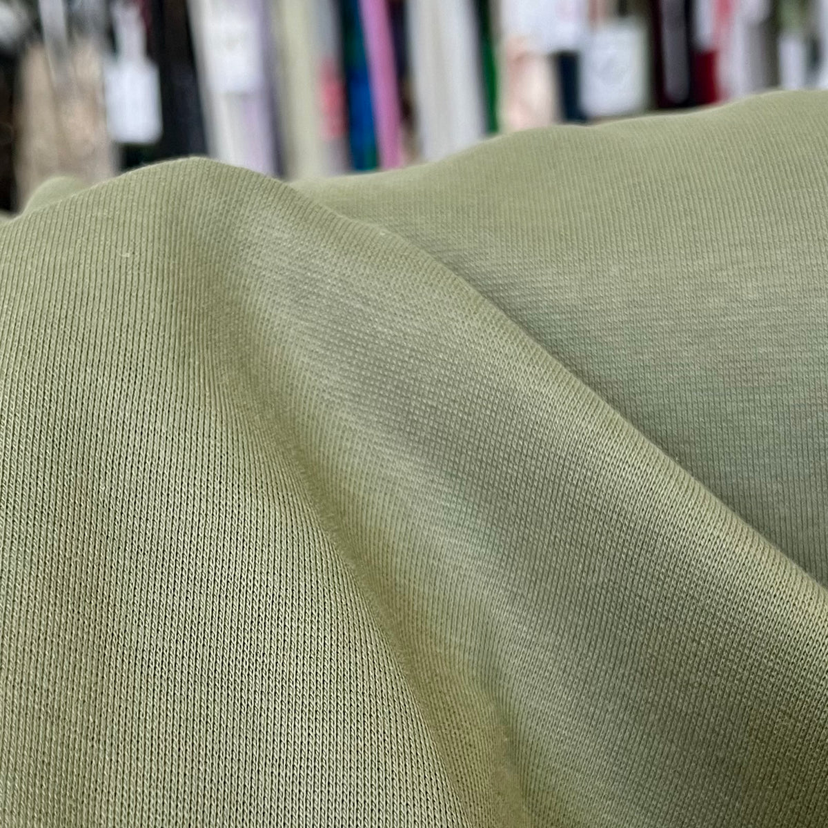 Green “Olive” Avalon 1x1 Rib Knit Cotton Fabric- 68” Wide