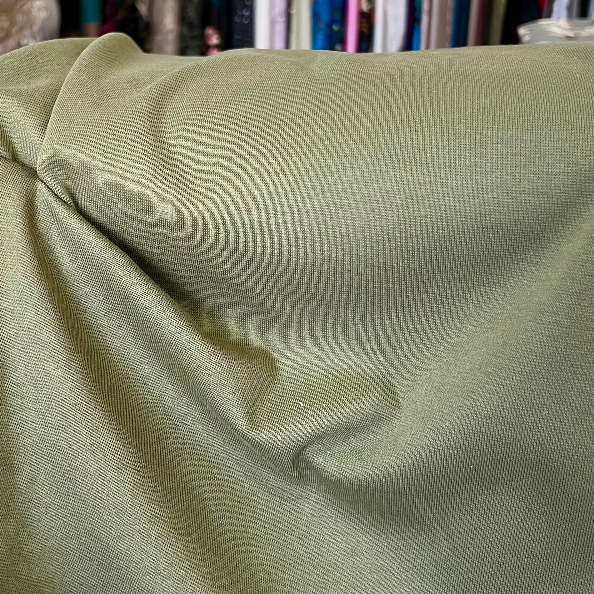 Green “Olive” Avalon 1x1 Rib Knit Cotton Fabric- 68” Wide