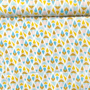 Blue, Dark Gold, Ochre, Pale Pink on Off White- Geometric Jersey KNIT Cotton Fabric- “Diamond Fragments