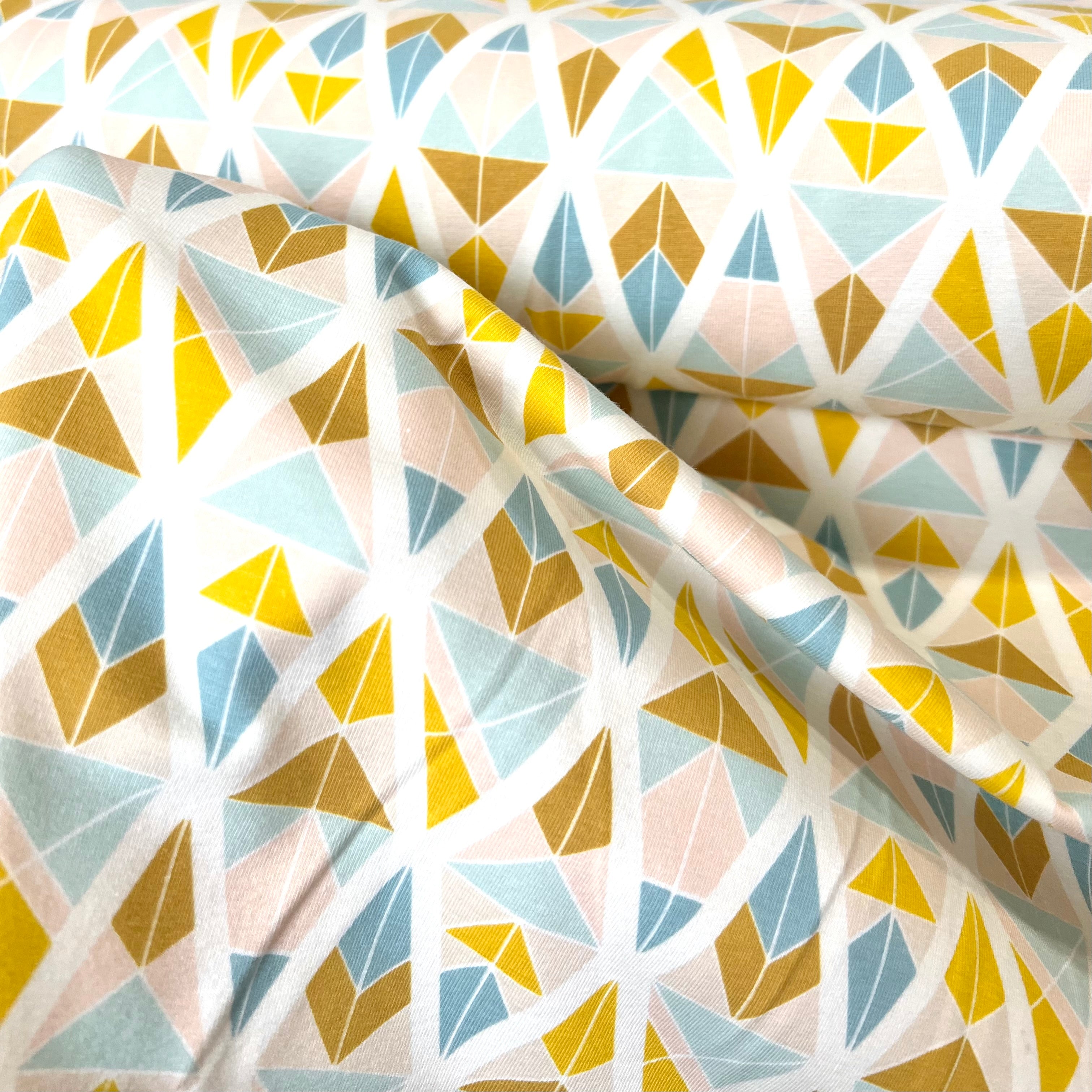 Blue, Dark Gold, Ochre, Pale Pink on Off White- Geometric Jersey KNIT Cotton Fabric- “Diamond Fragments