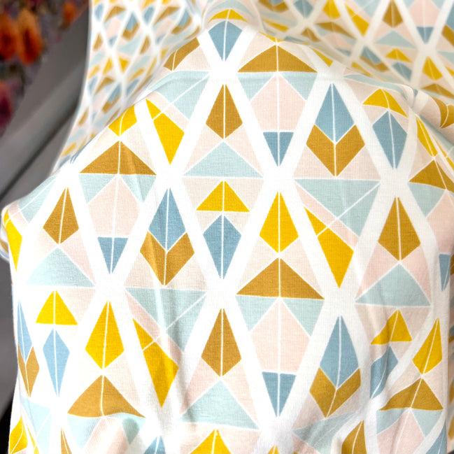 Blue, Dark Gold, Ochre, Pale Pink on Off White- Geometric Jersey KNIT Cotton Fabric- “Diamond Fragments"