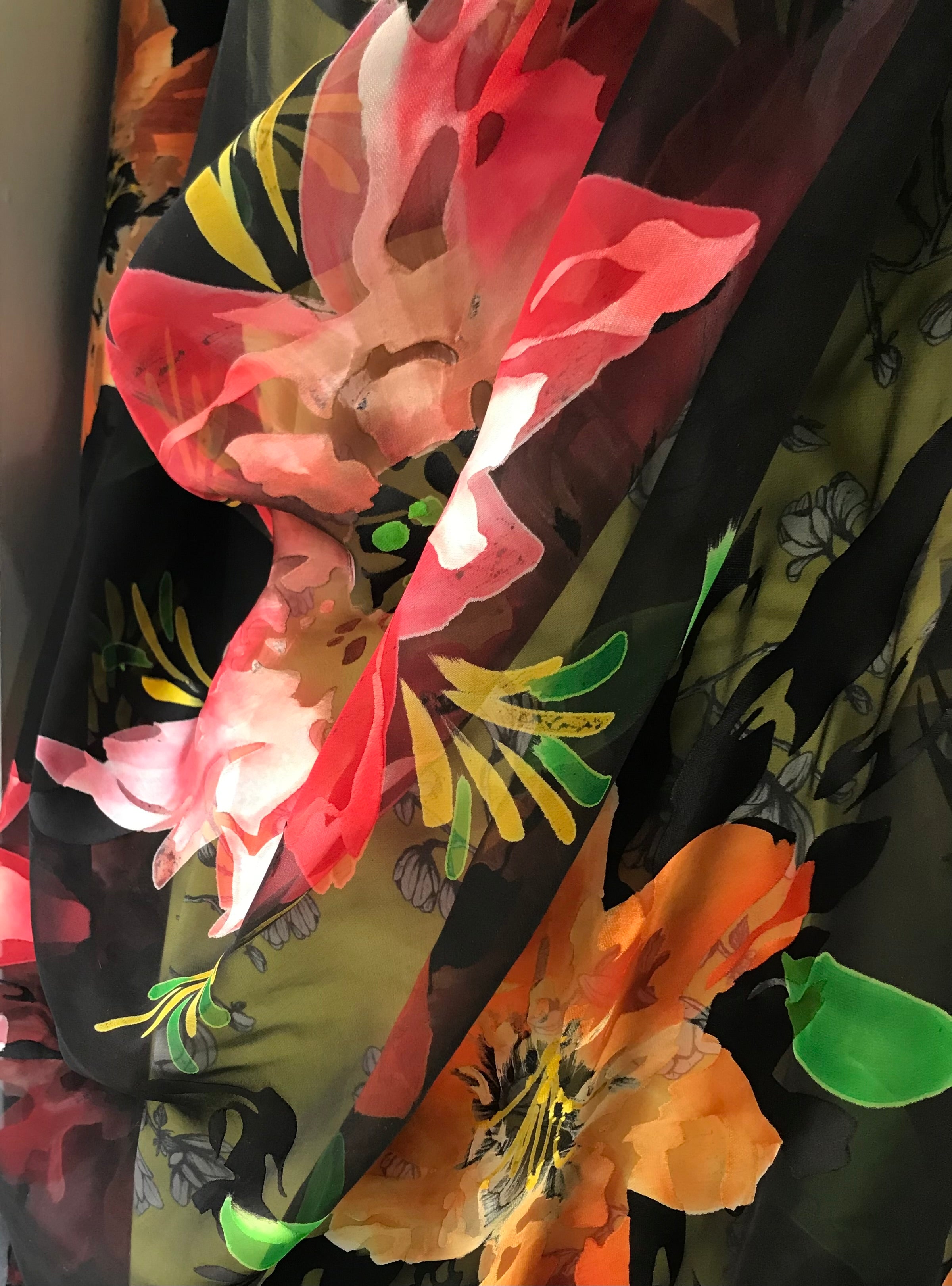 Bright Flowers on Black Handpainted Silk Devore (408)