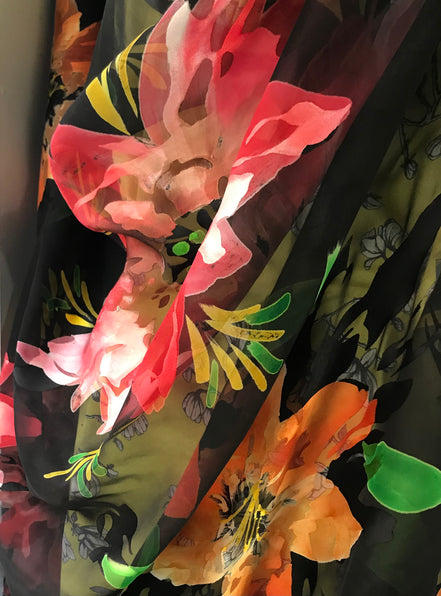 Bright Flowers on Black Handpainted Silk Devore (408)