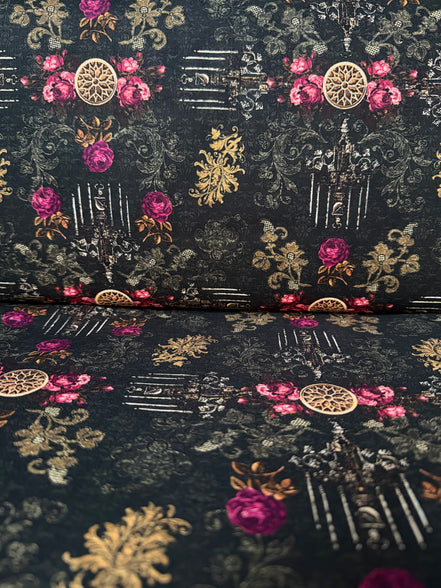 Magenta Roses, Gold- “Dreadful Delights Night"- Black- 44” Wide- Cotton Fabric- Halloween