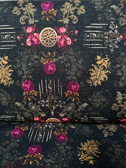 Magenta Roses, Gold- “Dreadful Delights Night"- Black- 44” Wide- Cotton Fabric- Halloween