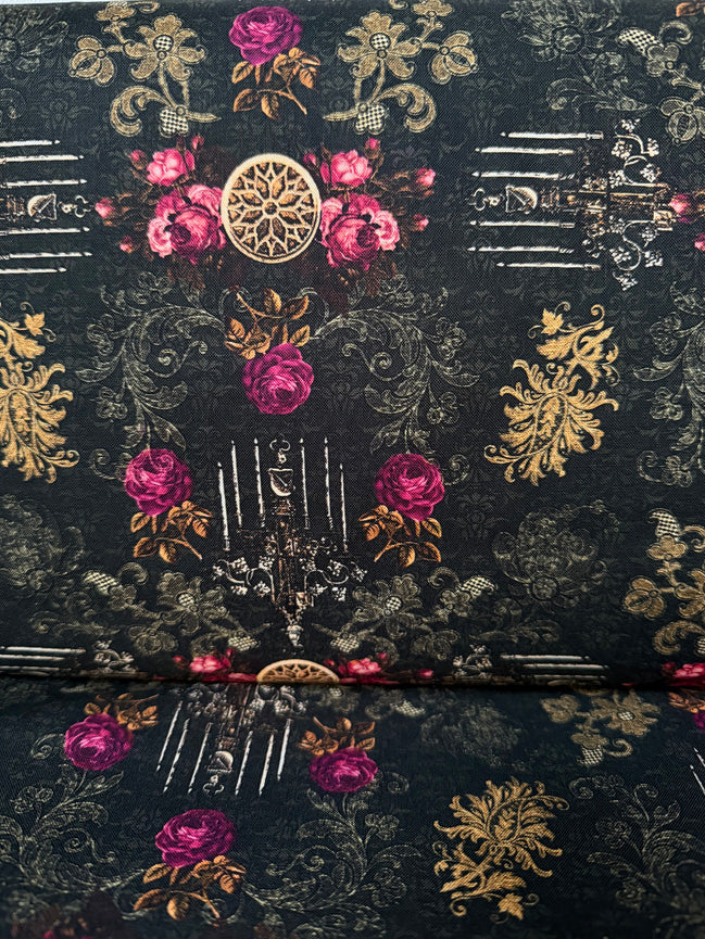 Magenta Roses, Gold- “Dreadful Delights Night"- Black- 44” Wide- Cotton Fabric- Halloween
