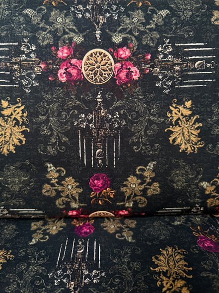 Magenta Roses, Gold- “Dreadful Delights Night"- Black- 44” Wide- Cotton Fabric- Halloween