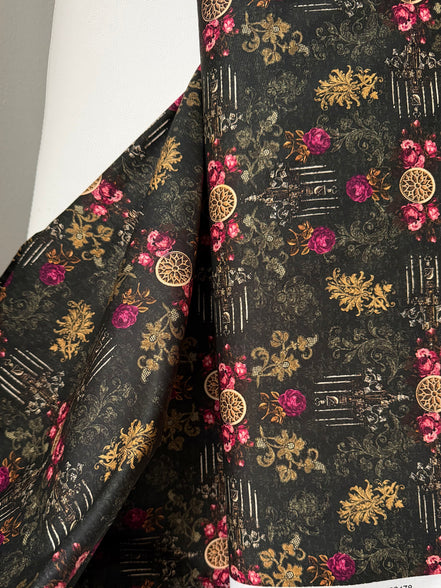 Magenta Roses, Gold- “Dreadful Delights Night"- Black- 44” Wide- Cotton Fabric- Halloween