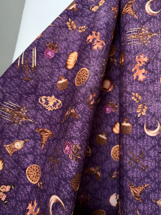 Moons, Pumpkins, Skulls- “Dreadful Delights Aubergine"- Purple- 44” Wide- Cotton Fabric- Halloween