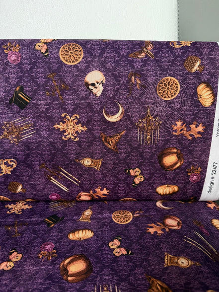 Moons, Pumpkins, Skulls- “Dreadful Delights Aubergine"- Purple- 44” Wide- Cotton Fabric- Halloween