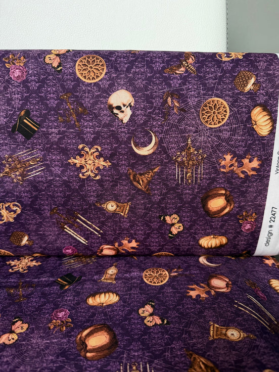 Moons, Pumpkins, Skulls- “Dreadful Delights Aubergine"- Purple- 44” Wide- Cotton Fabric- Halloween