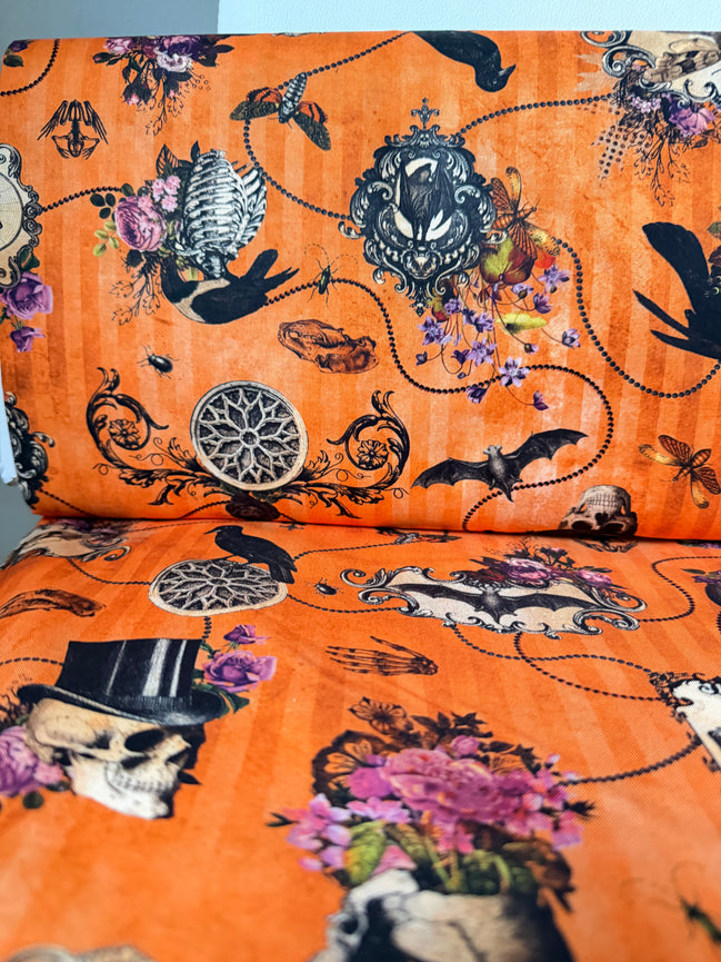 Bats, Crows, Skulls- “Dreadful Delights Pumpkin"- Orange- 44” Wide- Cotton Fabric- Halloween