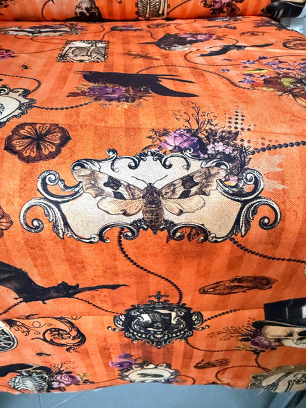 Bats, Crows, Skulls- “Dreadful Delights Pumpkin"- Orange- 44” Wide- Cotton Fabric- Halloween