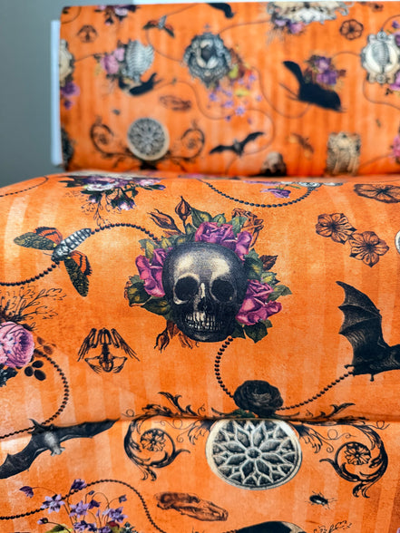 Bats, Crows, Skulls- “Dreadful Delights Pumpkin"- Orange- 44” Wide- Cotton Fabric- Halloween