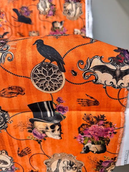 Bats, Crows, Skulls- “Dreadful Delights Pumpkin"- Orange- 44” Wide- Cotton Fabric- Halloween