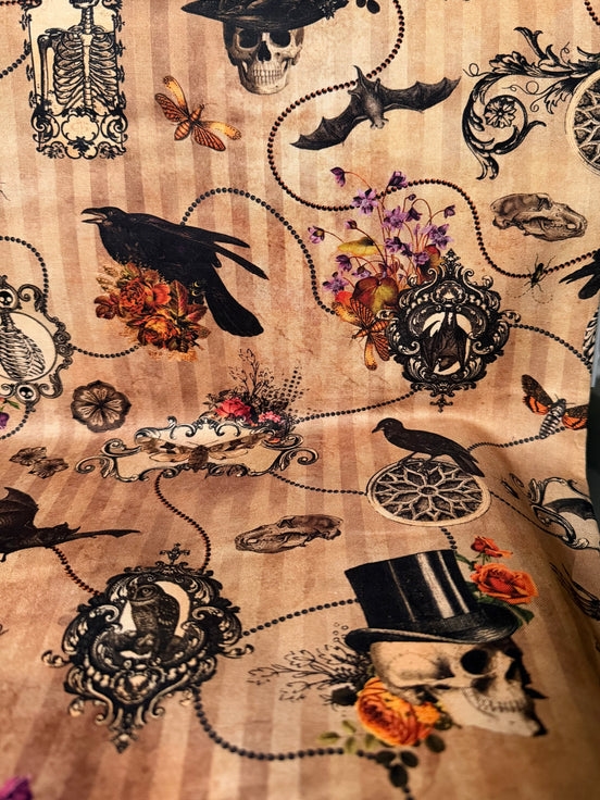 Bats, Crows, Skulls- “Dreadful Delights Bone"- Tan- 44” Wide- Cotton Fabric- Halloween