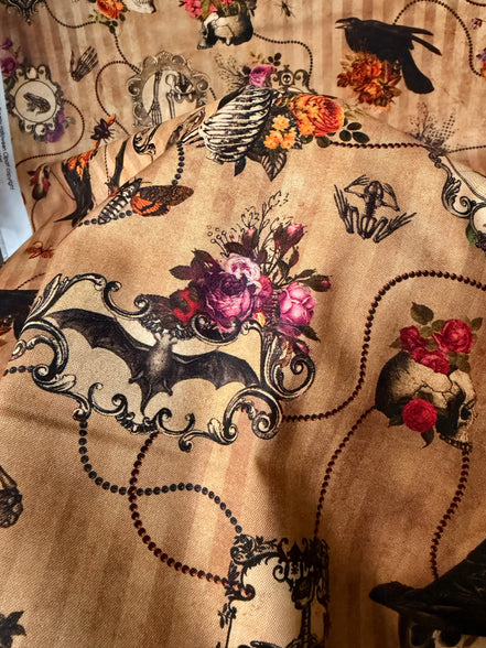 Bats, Crows, Skulls- “Dreadful Delights Bone"- Tan- 44” Wide- Cotton Fabric- Halloween