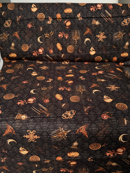 Moons, Pumpkins, Skulls- “Dreadful Delights Licorice"- Black- 44” Wide- Cotton Fabric- Halloween