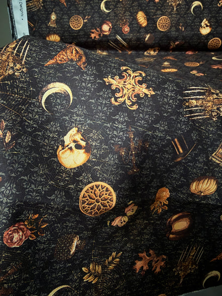 Moons, Pumpkins, Skulls- “Dreadful Delights Licorice"- Black- 44” Wide- Cotton Fabric- Halloween