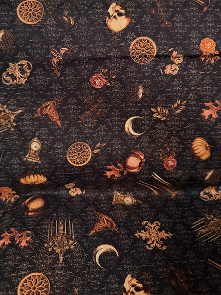 Moons, Pumpkins, Skulls- “Dreadful Delights Licorice"- Black- 44” Wide- Cotton Fabric- Halloween