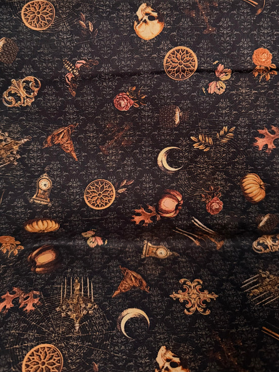 Moons, Pumpkins, Skulls- “Dreadful Delights Licorice"- Black- 44” Wide- Cotton Fabric- Halloween