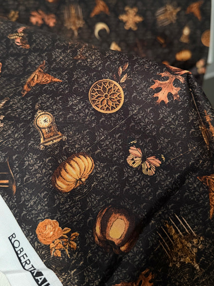 Moons, Pumpkins, Skulls- “Dreadful Delights Licorice"- Black- 44” Wide- Cotton Fabric- Halloween
