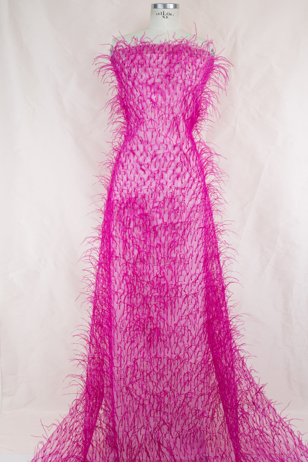 Hot Pink Ostrich Feathers and Faceted Bugle Beads on Viscose Fabric- 39” Wide- (1736)
