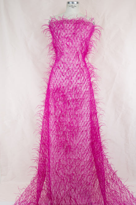 Hot Pink Ostrich Feathers and Faceted Bugle Beads on Viscose Fabric- 39” Wide- (1736)