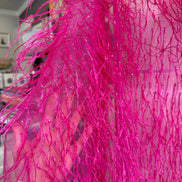 Hot Pink Ostrich Feathers and Faceted Bugle Beads on Viscose Fabric- 39” Wide- (1736)