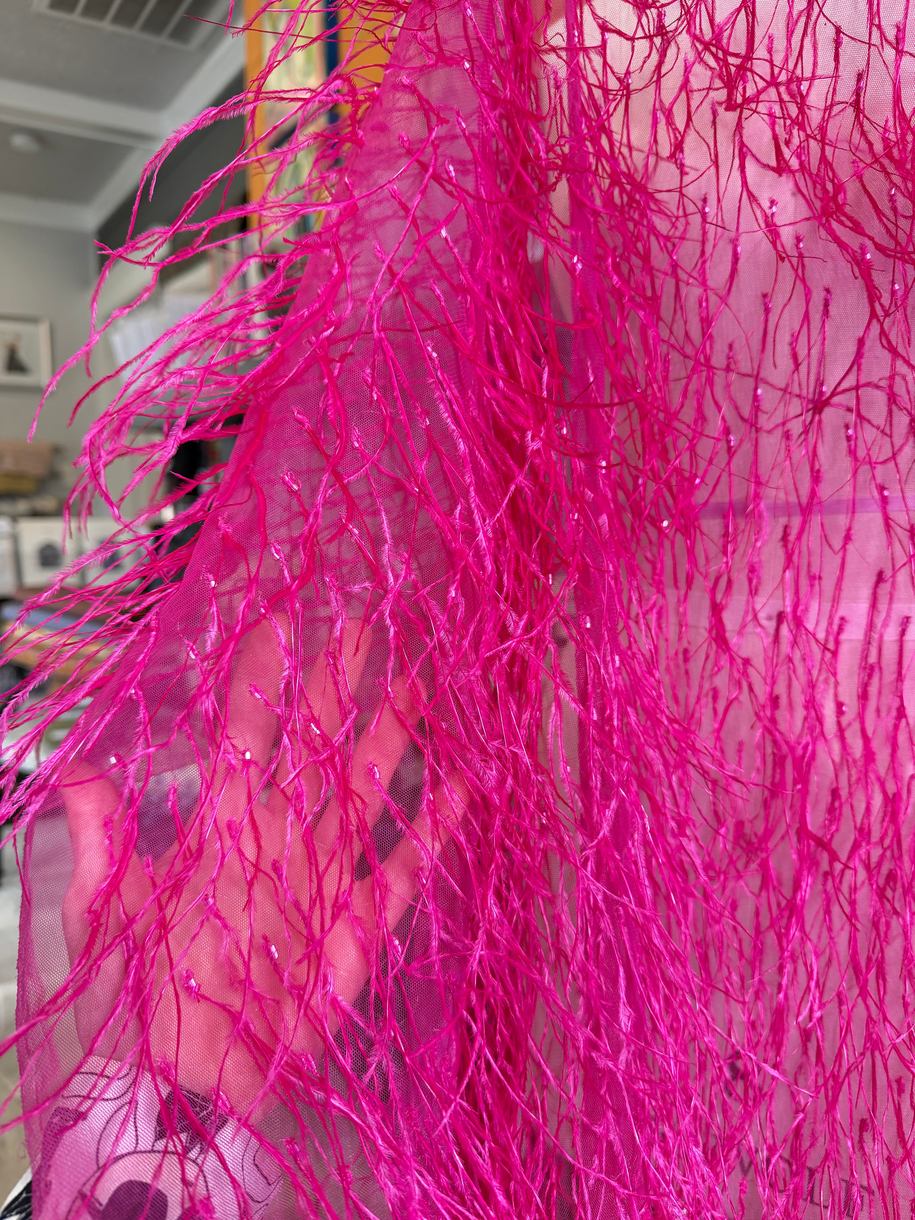 Hot Pink Ostrich Feathers and Faceted Bugle Beads on Viscose Fabric- 39” Wide- (1736)