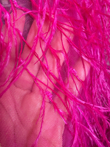 Hot Pink Ostrich Feathers and Faceted Bugle Beads on Viscose Fabric- 39” Wide- (1736)