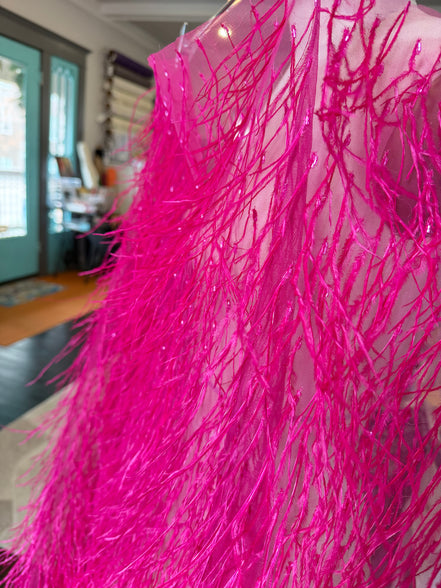 Hot Pink Ostrich Feathers and Faceted Bugle Beads on Viscose Fabric- 39” Wide- (1736)