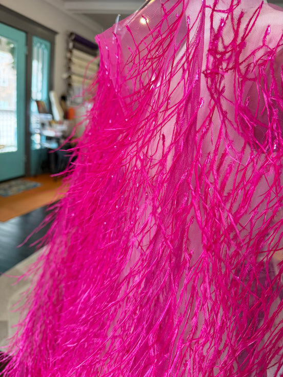 Hot Pink Ostrich Feathers and Faceted Bugle Beads on Viscose Fabric- 39” Wide- (1736)
