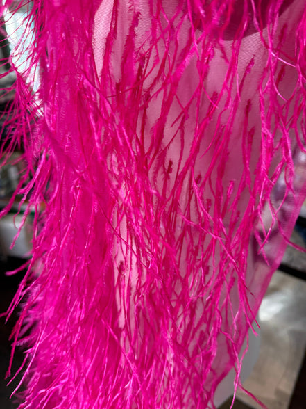 Hot Pink Ostrich Feathers and Faceted Bugle Beads on Viscose Fabric- 39” Wide- (1736)