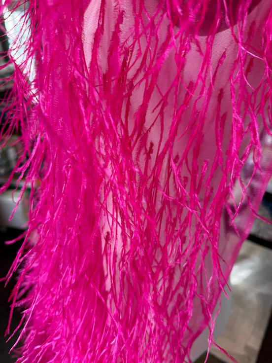Hot Pink Ostrich Feathers and Faceted Bugle Beads on Viscose Fabric- 39” Wide- (1736)
