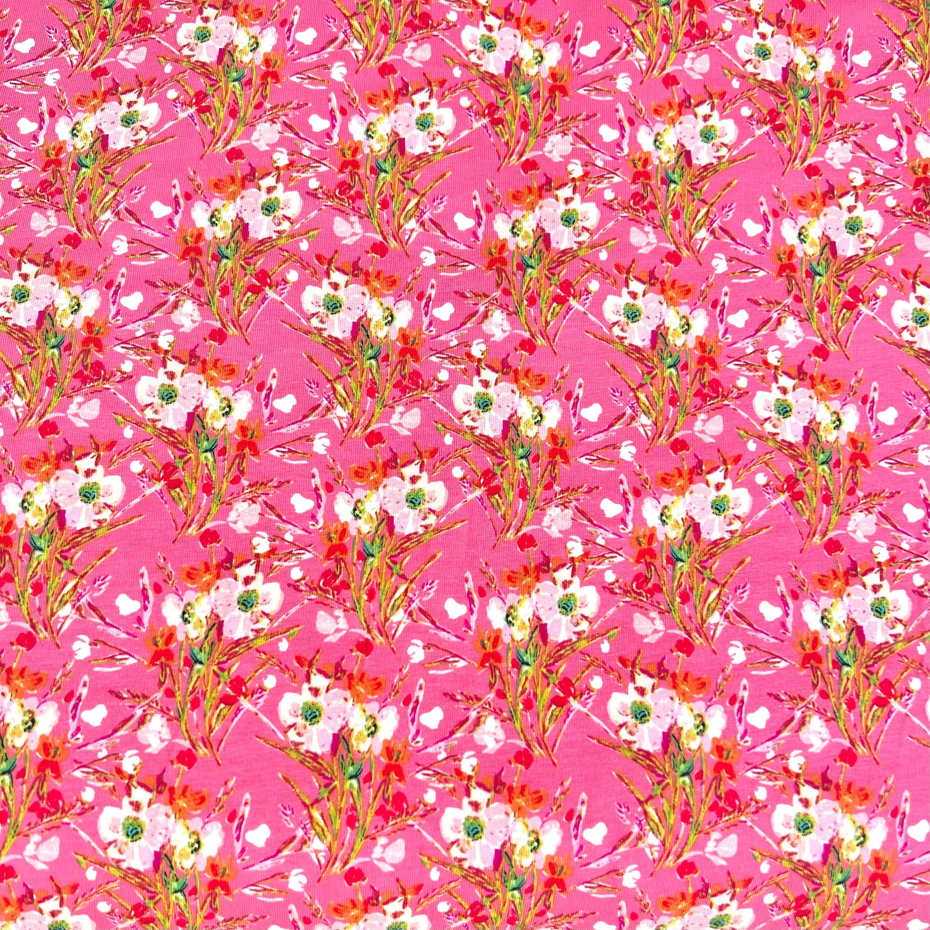 Pink and White Floral Jersey Knit Cotton Fabric- 