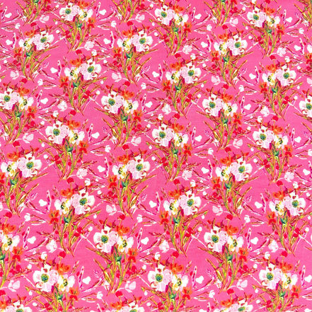 Pink and White Floral Jersey Knit Cotton Fabric- "Rosette Square"- 58"
