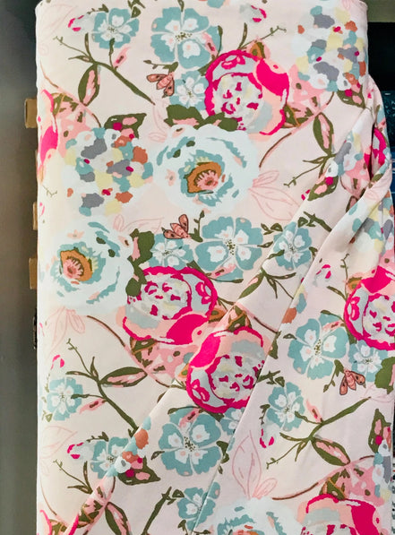 Pink, Fuchsia, Green and Gray Floral Jersey Knit Cotton Fabric- "Garden Rocket Bachelorette”- 58"