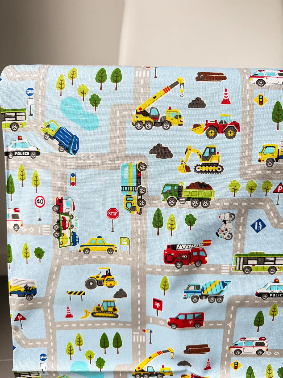 Cosmo Light Blue Buses, Tractors, Trucks, Bulldozers- 43” Wide Cotton Fabric- COSSP2611-11b