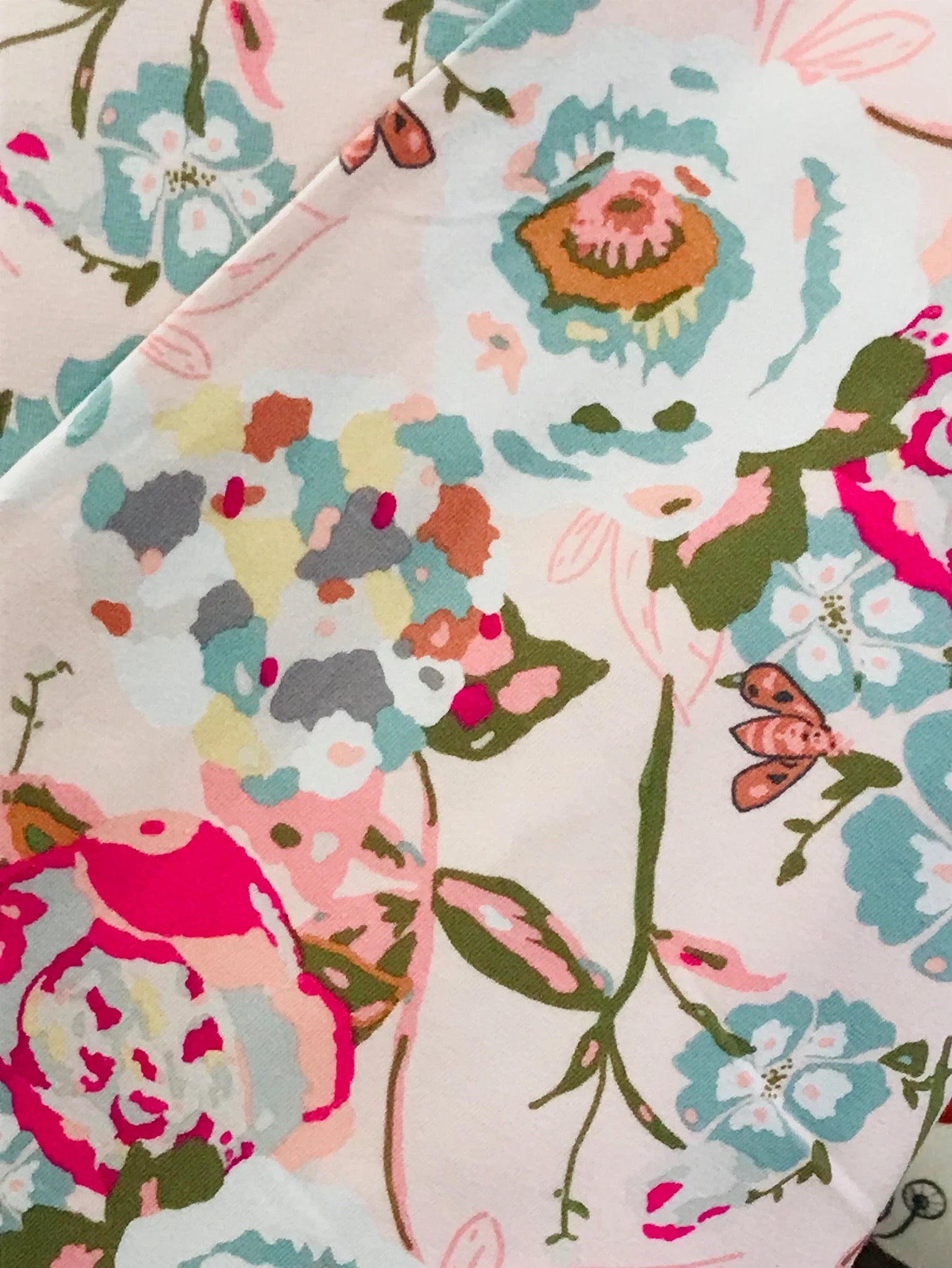 Pink, Fuchsia, Green and Gray Floral Jersey Knit Cotton Fabric- 