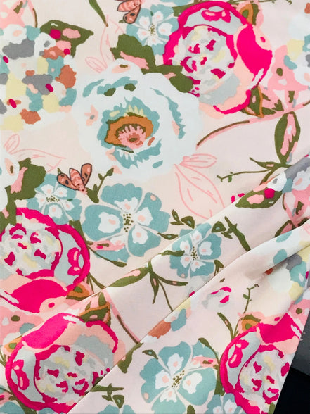Pink, Fuchsia, Green and Gray Floral Jersey Knit Cotton Fabric- "Garden Rocket Bachelorette”- 58"