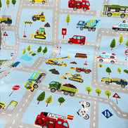 Cosmo Light Blue Buses, Tractors, Trucks, Bulldozers- 43” Wide Cotton Fabric- COSSP2611-11b