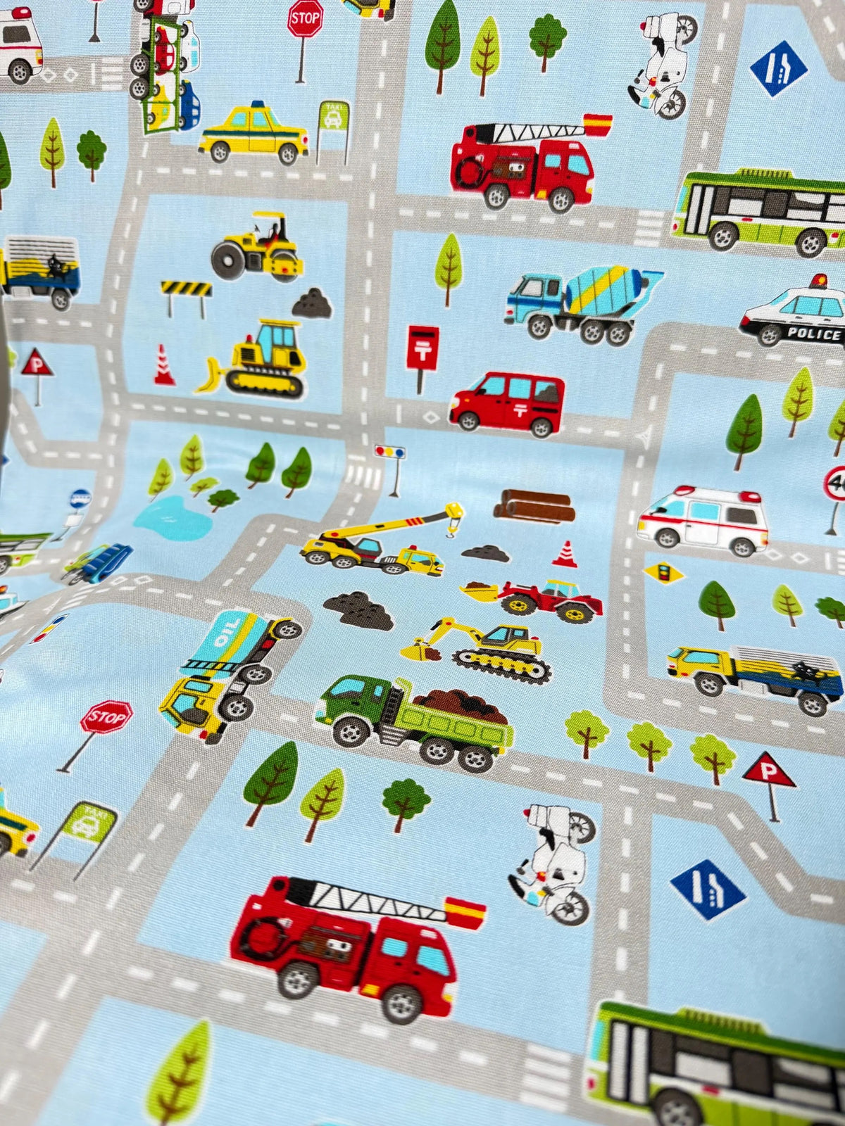 Cosmo Light Blue Buses, Tractors, Trucks, Bulldozers- 43” Wide Cotton Fabric- COSSP2611-11b