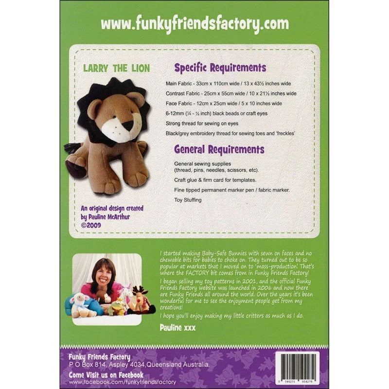 Larry the Lion Paper Pattern By Funky Friends Factory- Making Stuffed Toy Lion