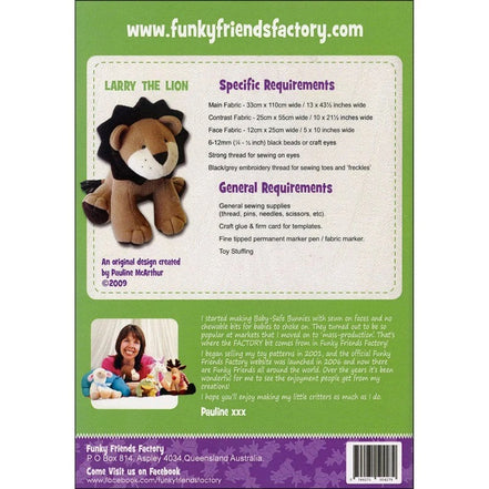 Larry the Lion Paper Pattern By Funky Friends Factory- Making Stuffed Toy Lion