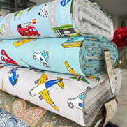 Cosmo Light Blue Buses, Tractors, Trucks, Bulldozers- 43” Wide Cotton Fabric- COSSP2611-11b