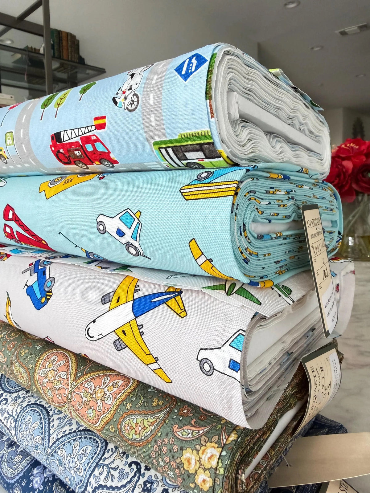 Cosmo Light Blue Buses, Tractors, Trucks, Bulldozers- 43” Wide Cotton Fabric- COSSP2611-11b