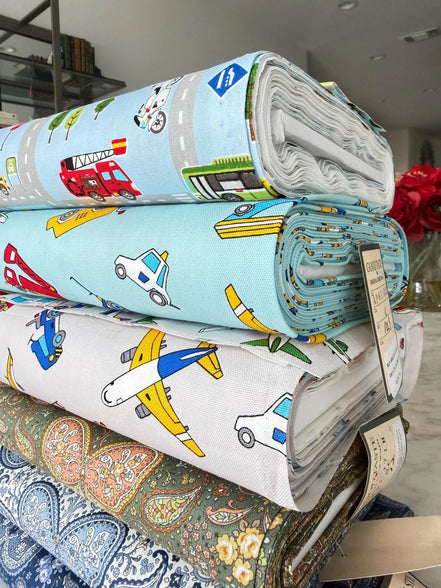 Cosmo Light Blue Buses, Tractors, Trucks, Bulldozers- 43” Wide Cotton Fabric- COSSP2611-11b