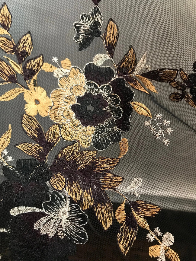 Dark Goldenrod, Black, and Gold Embroidery on Black Tulle- 52" wide