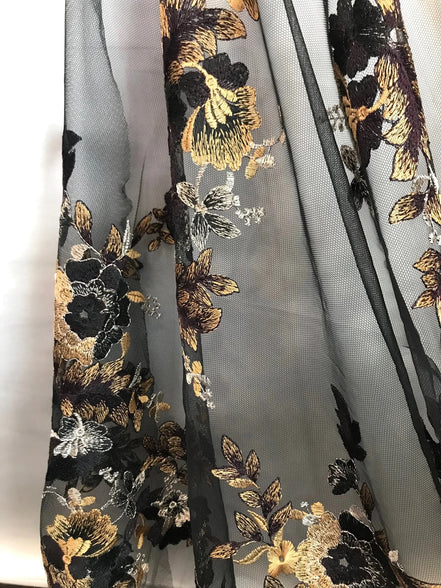 Dark Goldenrod, Black, and Gold Embroidery on Black Tulle- 52" wide